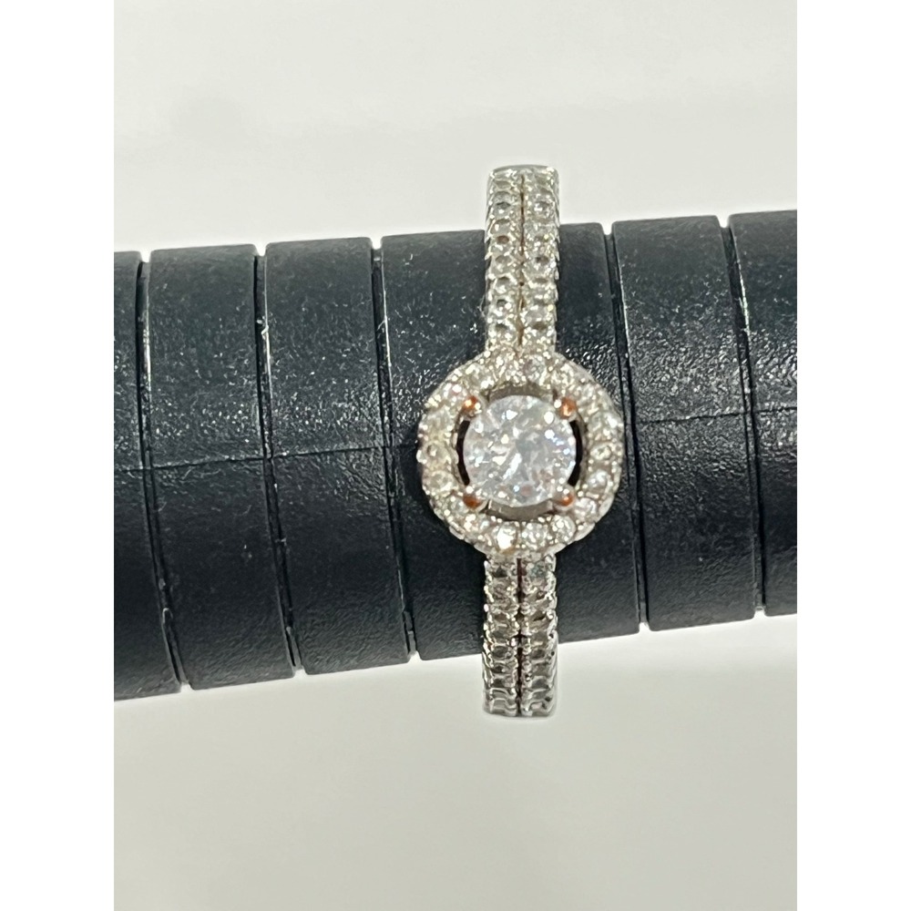 Halo Ring Round Cut Cubic Zirconia Silver tone‎ Size 9